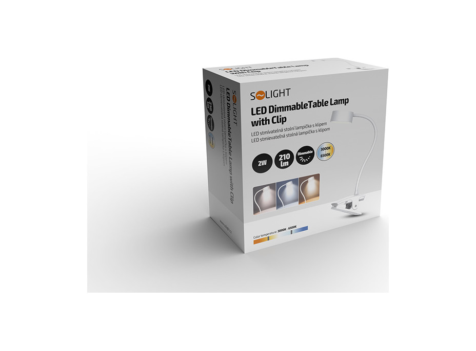 Solight LED stolní nabíjecí lampička, 2W, 210lm, 3CCT, bílá, clip