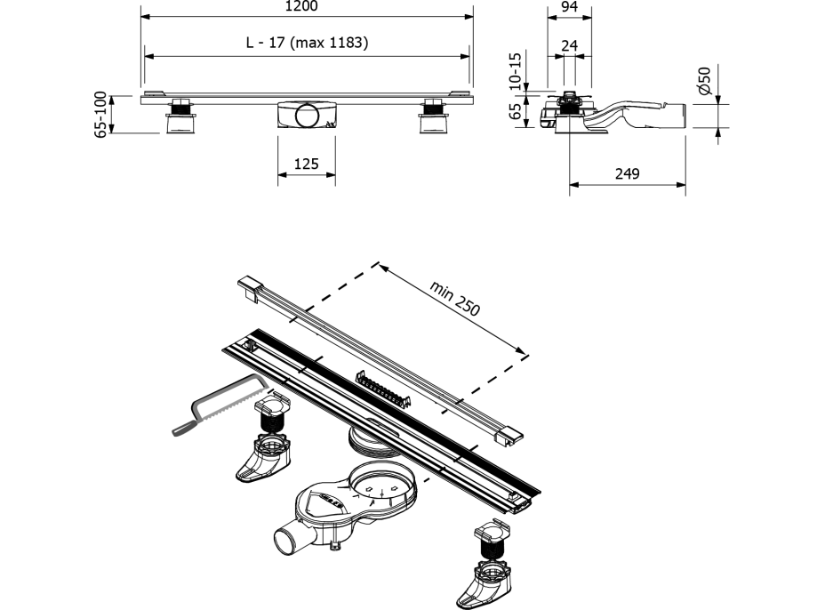 Polysan SLIM SPRING nerezový podlahový žlab s roštem, L-250-1200, DN50 SV120