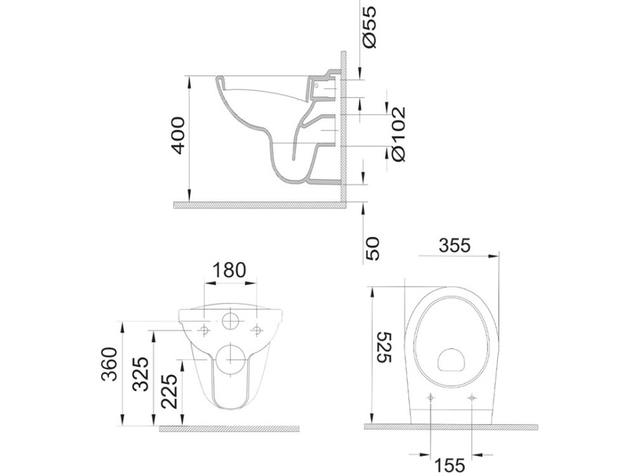 WC závěsné, RIMLESS, 530x355x360, keramické, vč. sedátka