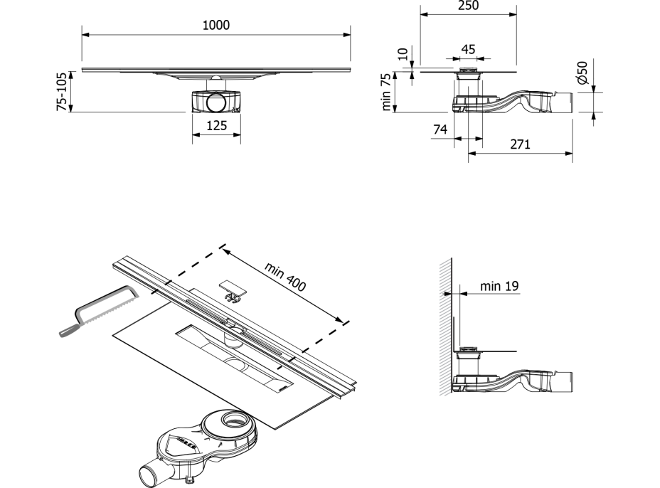 Polysan SLIM RIVER nerezový podlahový žlab s roštem, L-400-1000, DN50 RV100