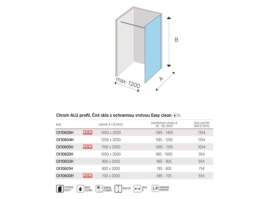 Koupelnová pevná zástěna NOVEA - chromová - čiré sklo, 120 cm