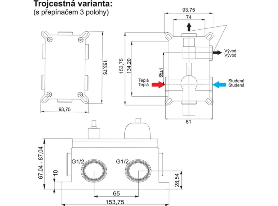 Sprchová podomítková baterie s trojcestným přepínačem, Eve, Mbox