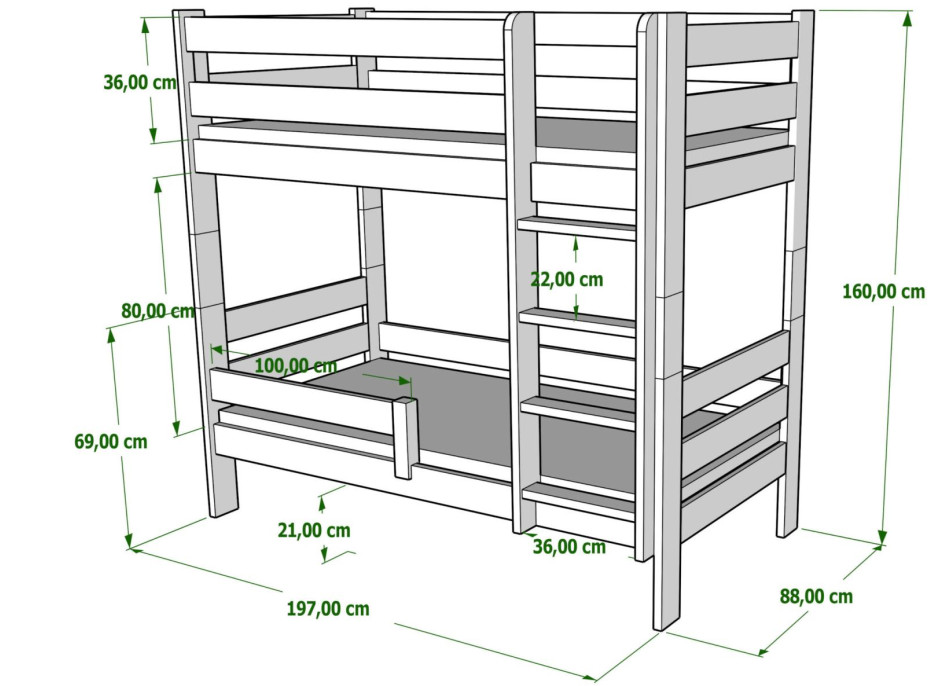 Dětská patrová postel z masivu GABI - 190x80 cm, bílá, bez šuplíku