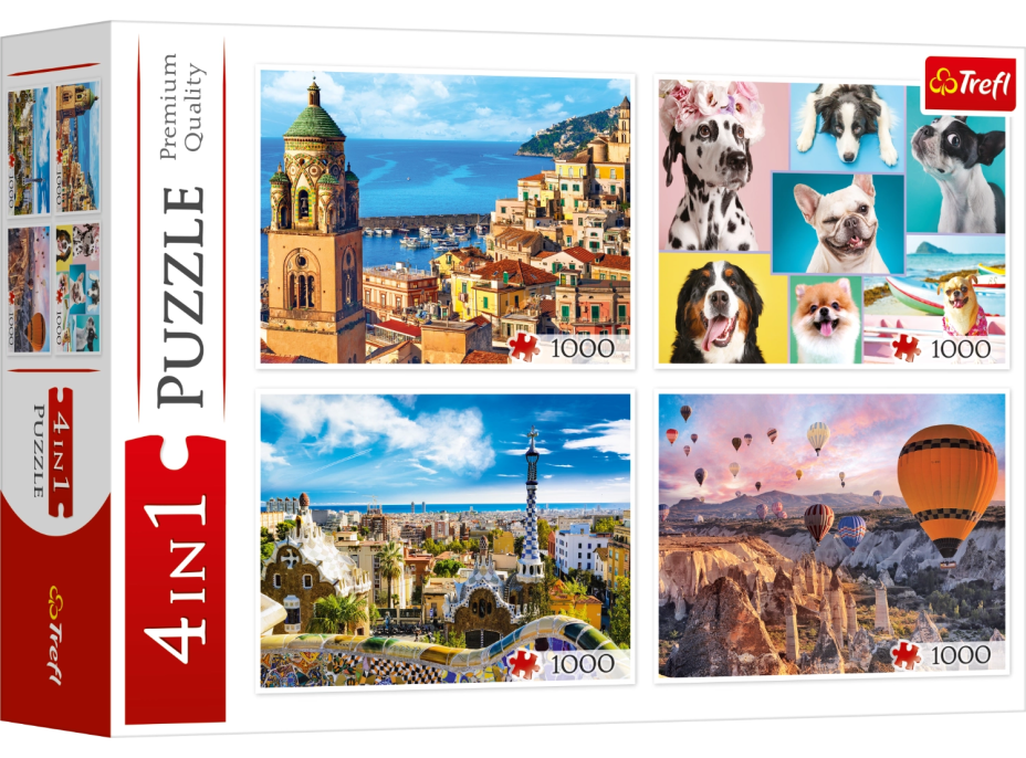 TREFL Puzzle Amalfi, Psí portréty, Balony nad Kapadokií a Park Güell 4x1000 dílků