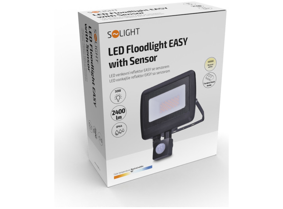 Solight LED reflektor Easy se sensorem, 30W, 2400lm, 4000K, IP44, černý