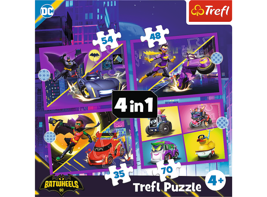 TREFL Puzzle Batwheels: Seznamte se 4v1 (35,48,54,70 dílků)