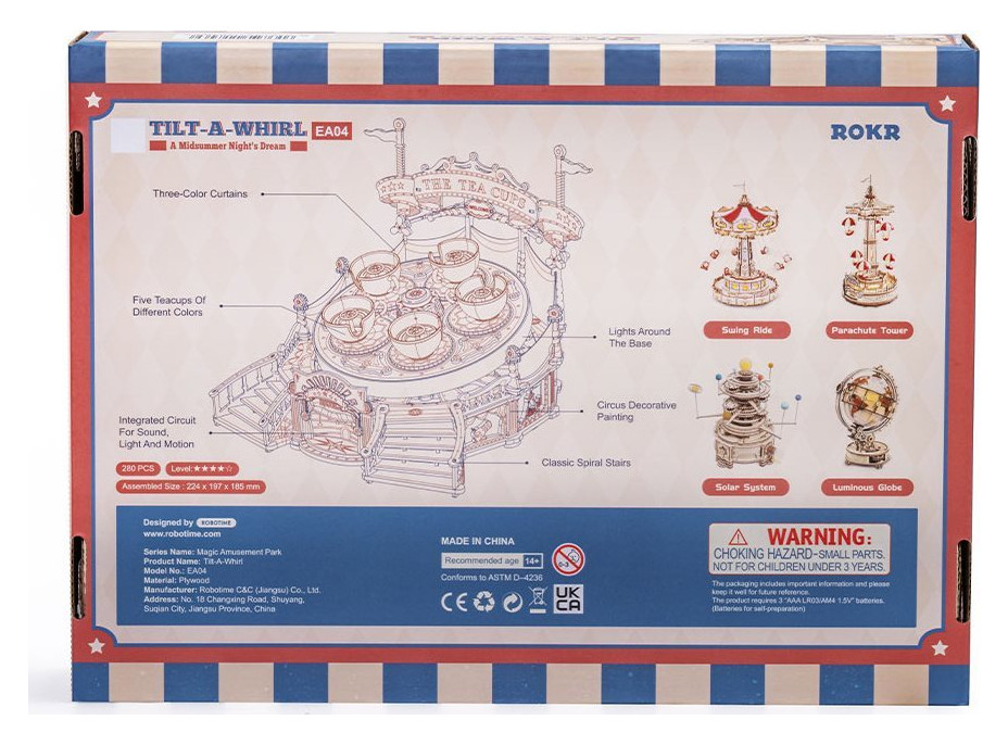 ROBOTIME Rokr Svítící 3D dřevěné puzzle Hrací skříňka: Vířivý tanec čajových šálků 280 dílků