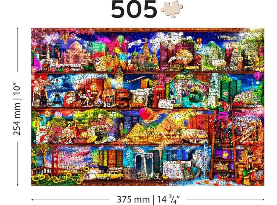 WOODEN CITY Dřevěné puzzle Police na knihy o cestování 505 dílků