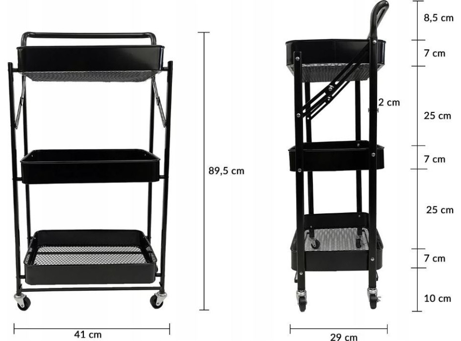 Kovový skládací kuchyňský vozík 89,5 cm - černý