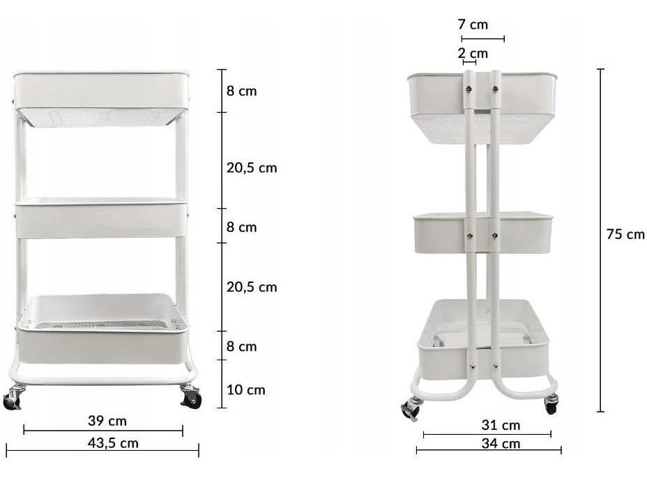 Kovový kuchyňský vozík 75 cm - 3 police - bílý