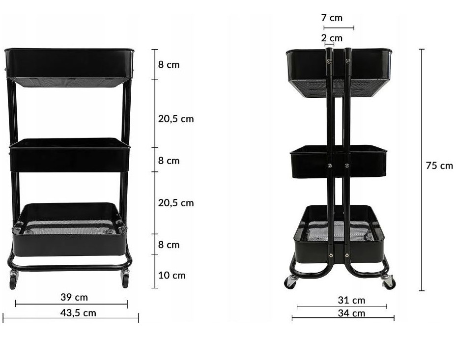 Kovový kuchyňský vozík 75 cm - 3 police - černý