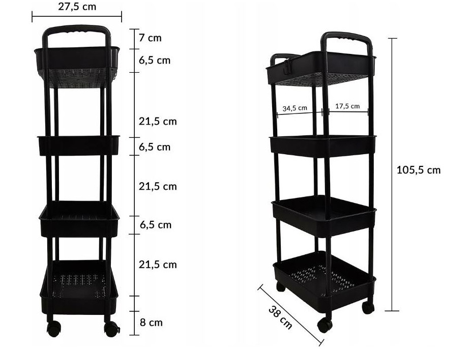 Kuchyňský vozík 100 cm - 4 police - černý