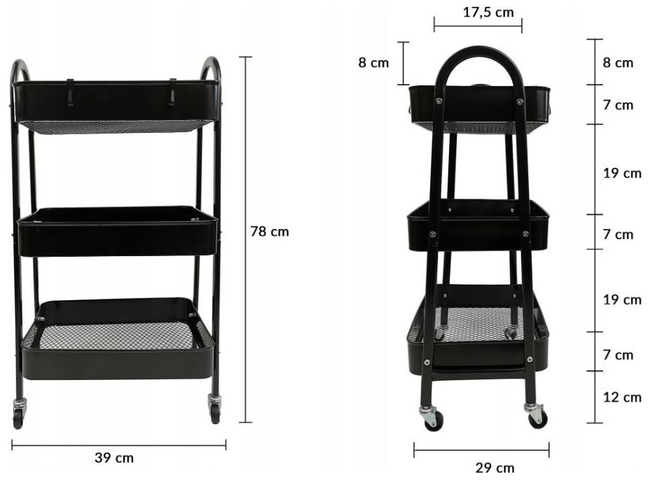 Kovový kuchyňský vozík 79 cm - 3 police - černý