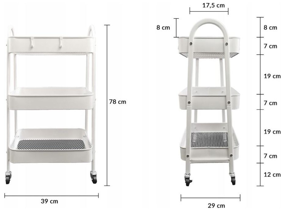Kovový kuchyňský vozík 79 cm - 3 police - bílý