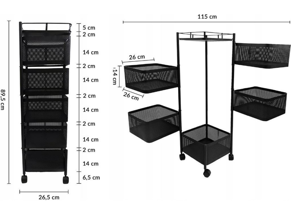 Mobilní kuchyňský vozík 90 cm - 5 košů - černý