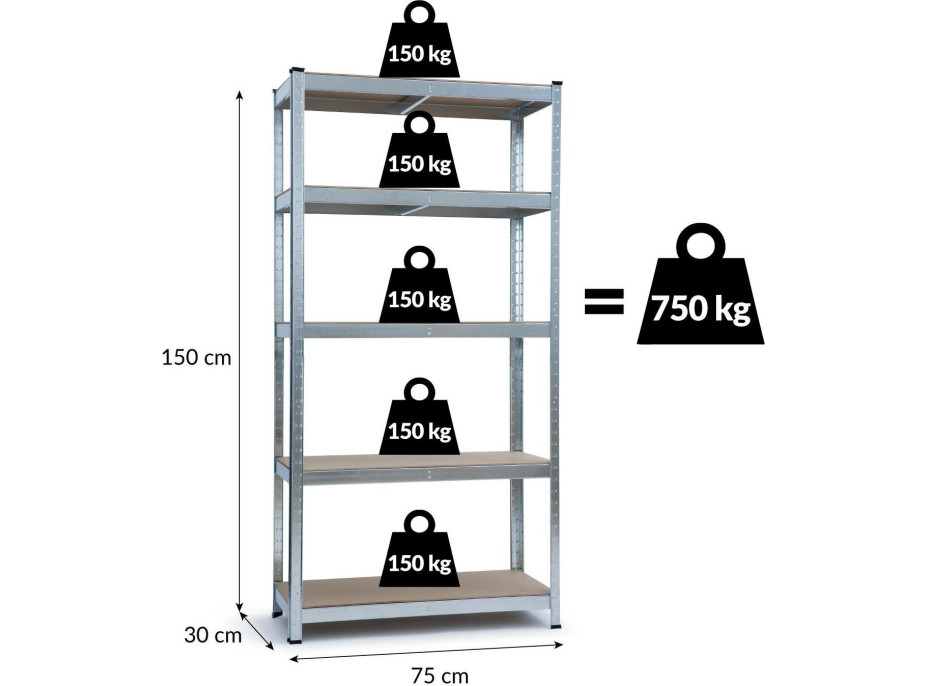 Úložný regál METAL - kovový - 75x30x150 cm - nosnost 750 kg - ČERNÝ