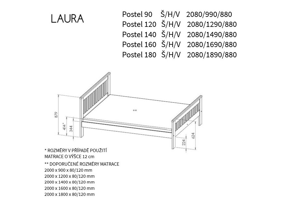 Postel z masivu borovice LAURA - 200x140 cm - bílá