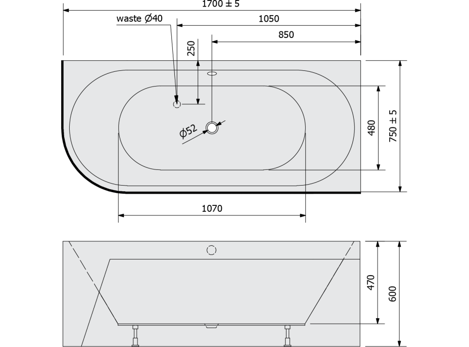 Polysan VIVA R MONOLITH asymetrická vana 170x75x60cm, šedá 78119M.30