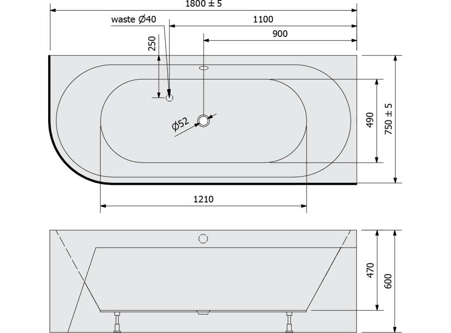 Polysan VIVA R MONOLITH asymetrická vana 180x75x60cm, šedá 72129M.30