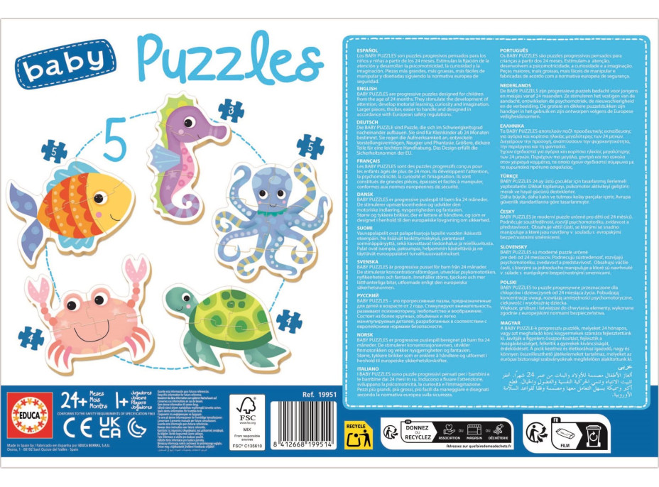 EDUCA Baby puzzle Vodní zvířata 5v1 (3-5 dílků)