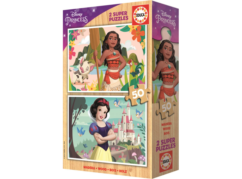 EDUCA Dřevěné puzzle Disney princezny: Vaiana a Sněhurka 2x50 dílků