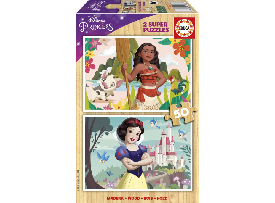 EDUCA Dřevěné puzzle Disney princezny: Vaiana a Sněhurka 2x50 dílků