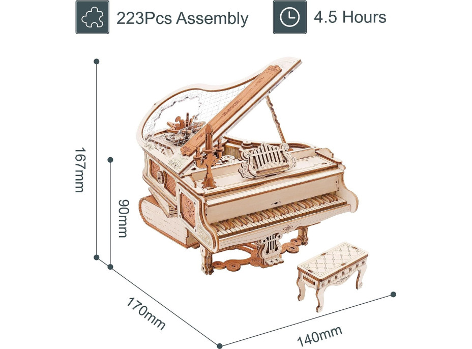 ROBOTIME Rokr 3D dřevěné puzzle Kouzelný klavír (hrací skříňka) 223 dílků