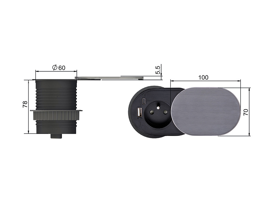 Solight 1z + USB A+C 20W PD vestavná zásuvka s posuvným víčkem, 2m, stříbrná