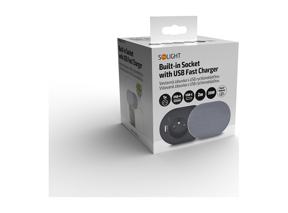 Solight 1z + USB A+C 20W PD vestavná zásuvka s posuvným víčkem, 2m, stříbrná