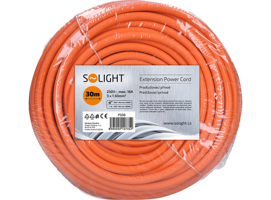 Solight prodlužovací přívod - spojka, 1 zásuvka, 30 m, 3 x 1,5mm2, oranžová