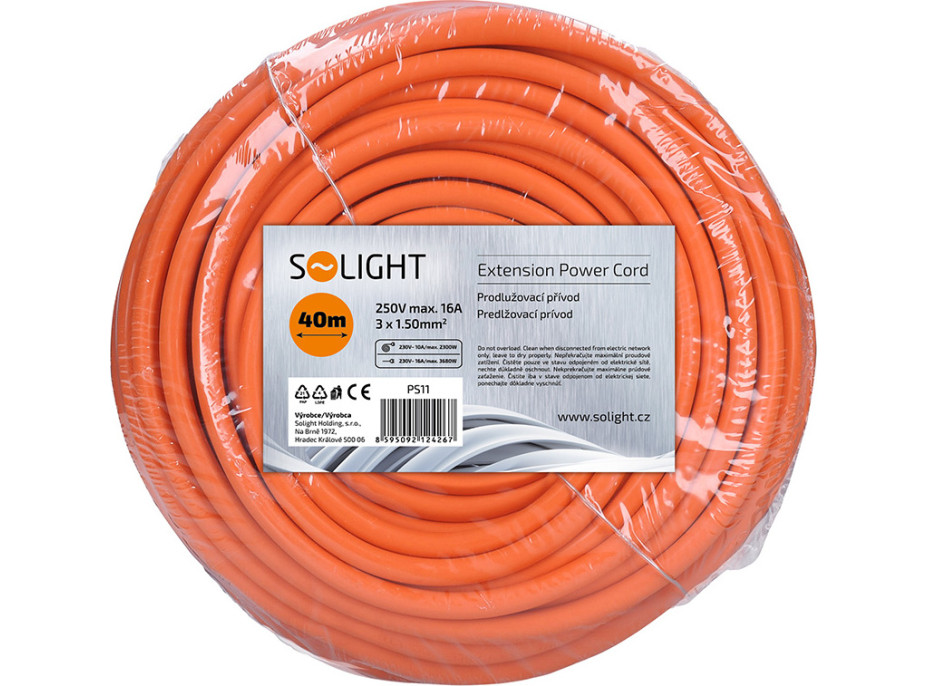 Solight prodlužovací přívod - spojka, 1 zásuvka, 40 m, 3 x 1,5mm2, oranžová