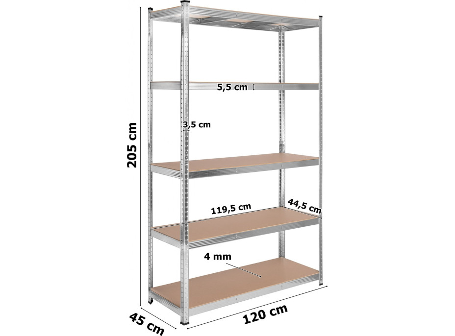 Policový regál - 5 polic - 205x120x45 cm