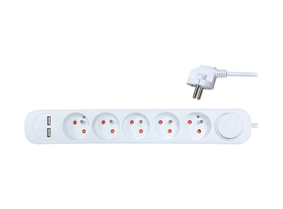 Solight prodlužovací přívod 5 zásuvek, USB A+A nabíječka 12W, 3m, 3 x 1mm2, bílý, vypínač