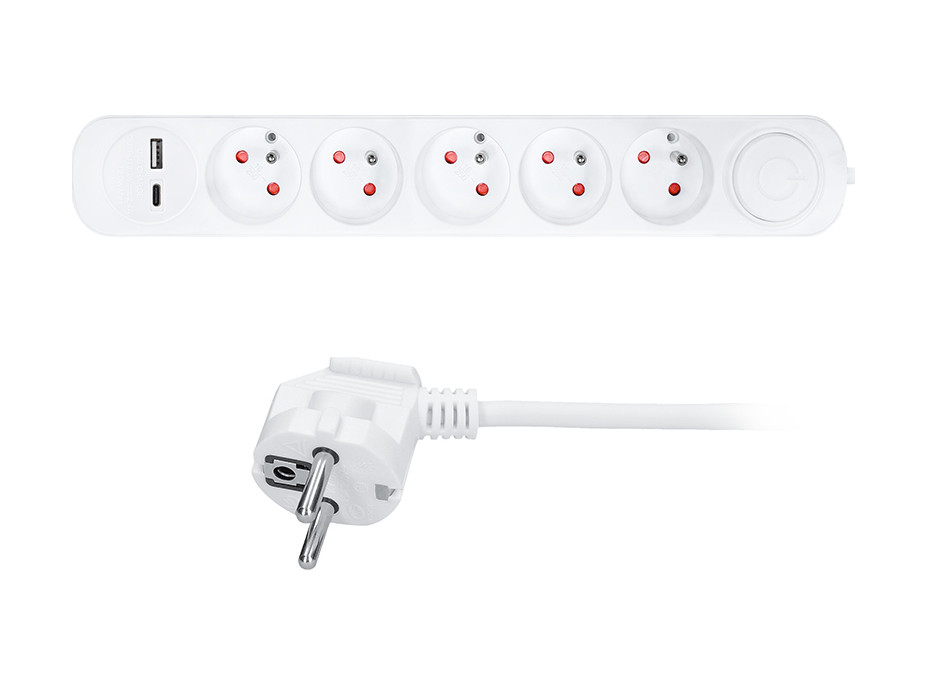 Solight prodlužovací přívod 5 zásuvek, USB A+C nabíječka 12W, 3m, 3 x 1mm2, bílý, vypínač