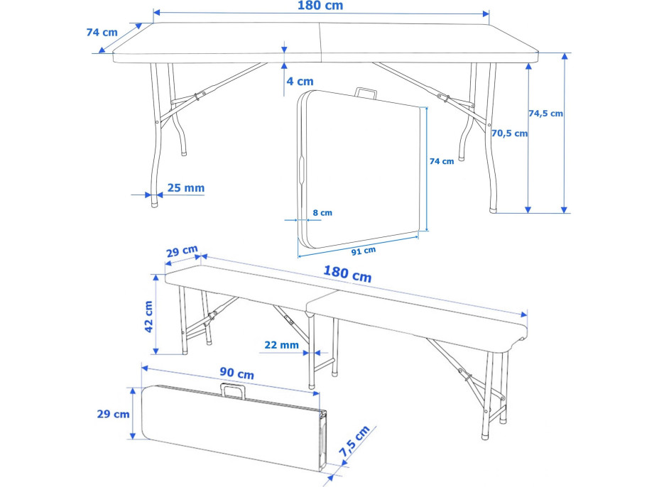 Set cateringového nábytku RATTAN - stůl 180 cm + 2 lavice - černý