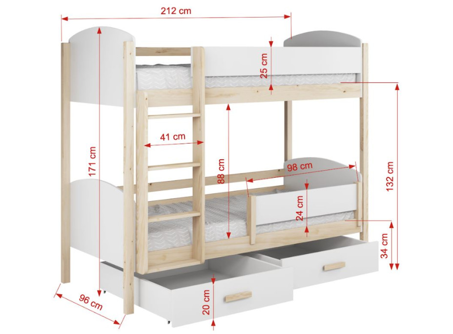 Dětská patrová postel z masivu borovice JORDAN se šuplíky - 200x90 cm - bílá