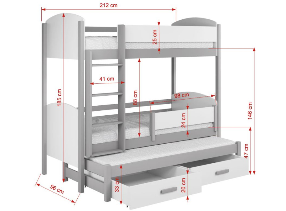 Dětská patrová postel z masivu borovice LOGAN s přistýlkou a šuplíky - 200x90 cm - šedá/bílá