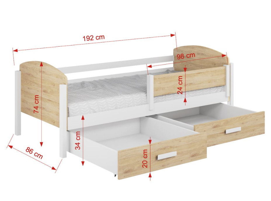 Dětská postel z masivu borovice KELLY se šuplíky - 180x80 cm - bílá/dub shetland