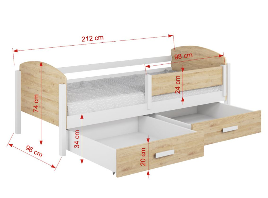 Dětská postel z masivu borovice KELLY se šuplíky - 200x90 cm - bílá/dub shetland