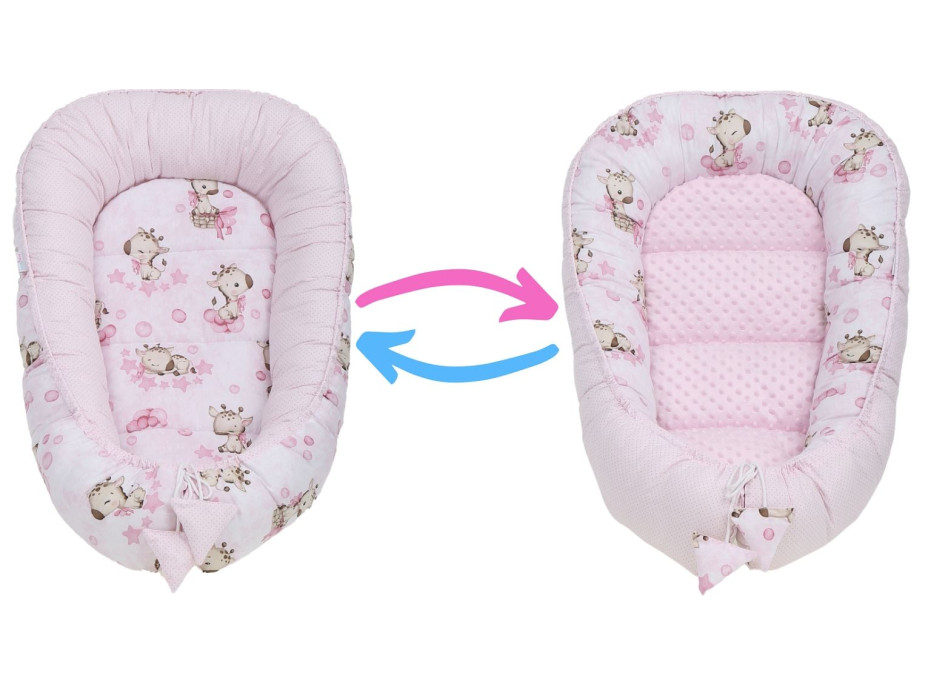 Oboustranné hnízdečko (kokon) pro miminko - BABYMAM PREMIUM set 7v1 - Růžová žirafa se světlerůžovou minky