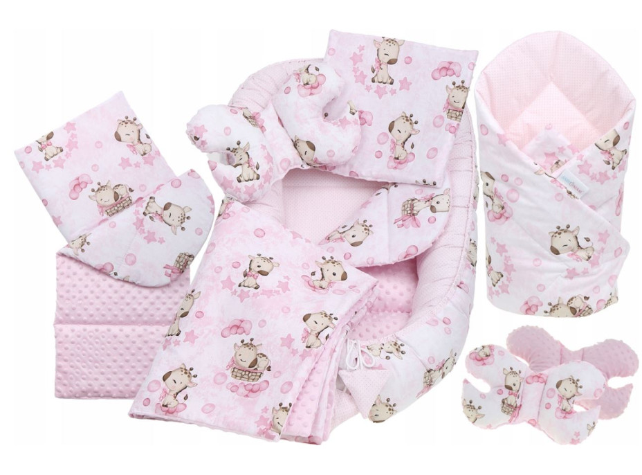 Oboustranné hnízdečko (kokon) pro miminko - BABYMAM PREMIUM set 7v1 - Růžová žirafa se světlerůžovou minky