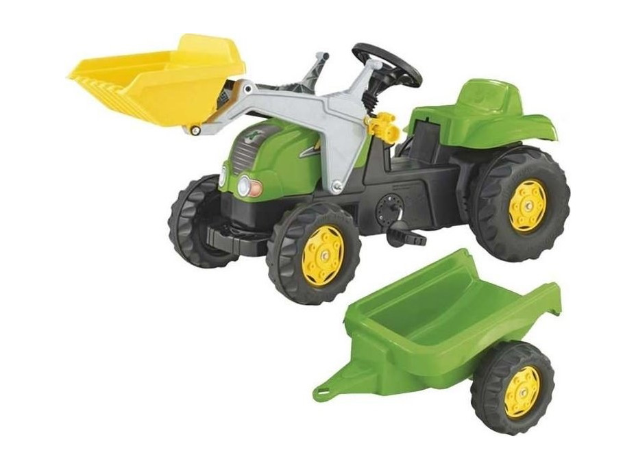 ROLLY TOYS Šlapací zelený traktor s čelním nakladačem a přívěsem