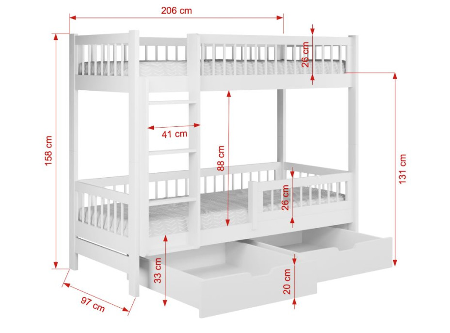 Dětská patrová postel se šuplíky z masivu borovice COEN - 200x90 cm - bílá