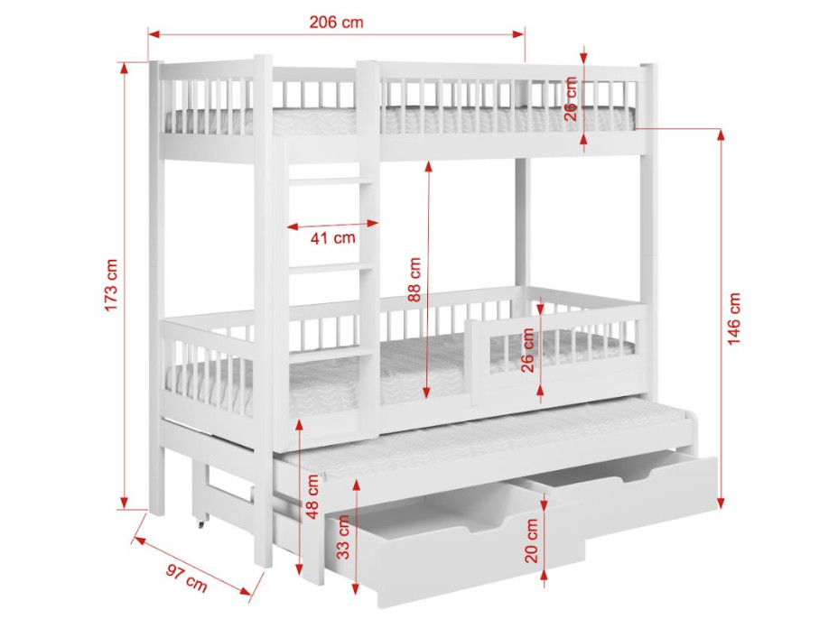 Dětská patrová postel z masivu borovice EVAN s přistýlkou a šuplíky - 200x90 cm - bílá