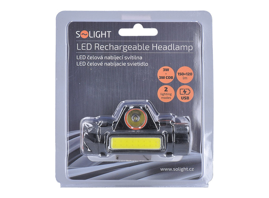 Solight LED čelová nabíjecí svítilna, 3W + COB,150 + 60lm, Li-Ion