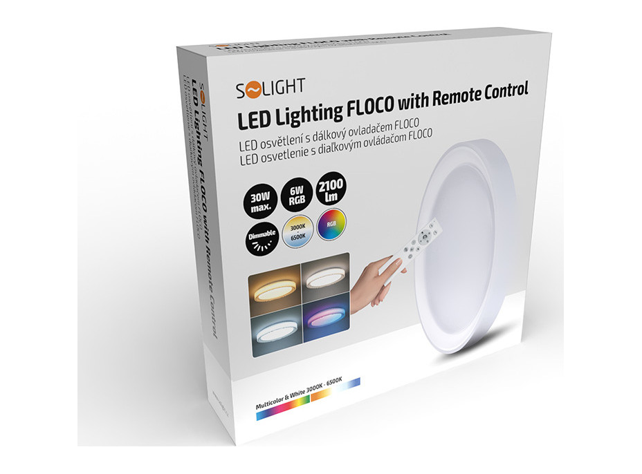 Solight LED osvětlení s dálkovým ovladačem Floco, 30W + 6W RGB, 2100lm, 40cm, změna chromatičnosti, stmívatelné