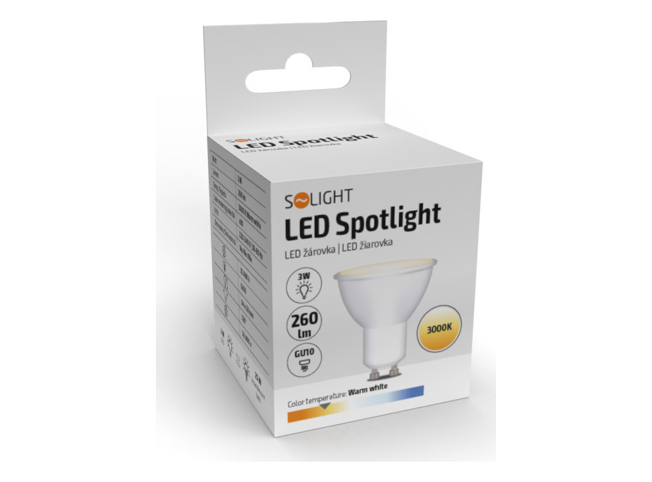 Solight LED žárovka, bodová , 3W, GU10, 3000K, 260lm, bílá