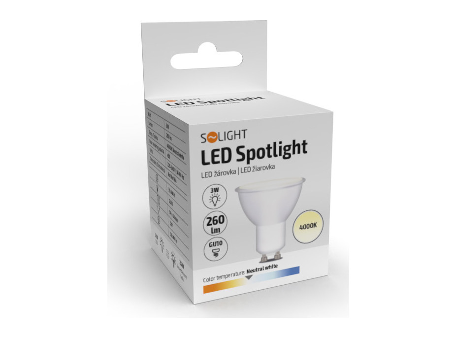 Solight LED žárovka, bodová , 3W, GU10, 4000K, 260lm, bílá