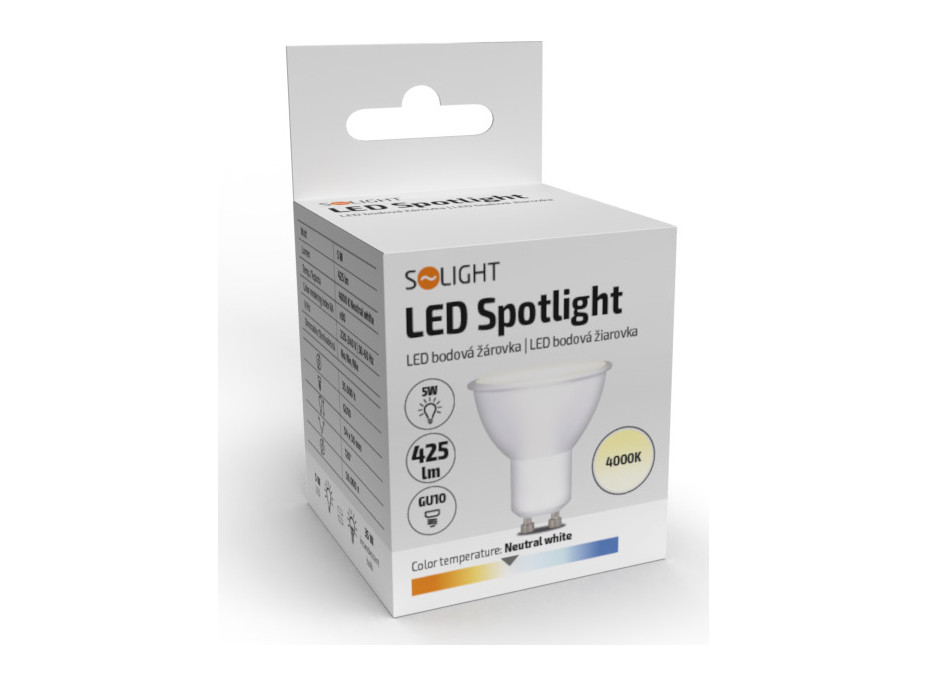 Solight LED žárovka, bodová , 5W, GU10, 4000K, 425lm, bílá