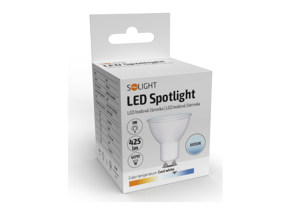 Solight LED žárovka, bodová , 5W, GU10, 6000K, 425lm, bílá